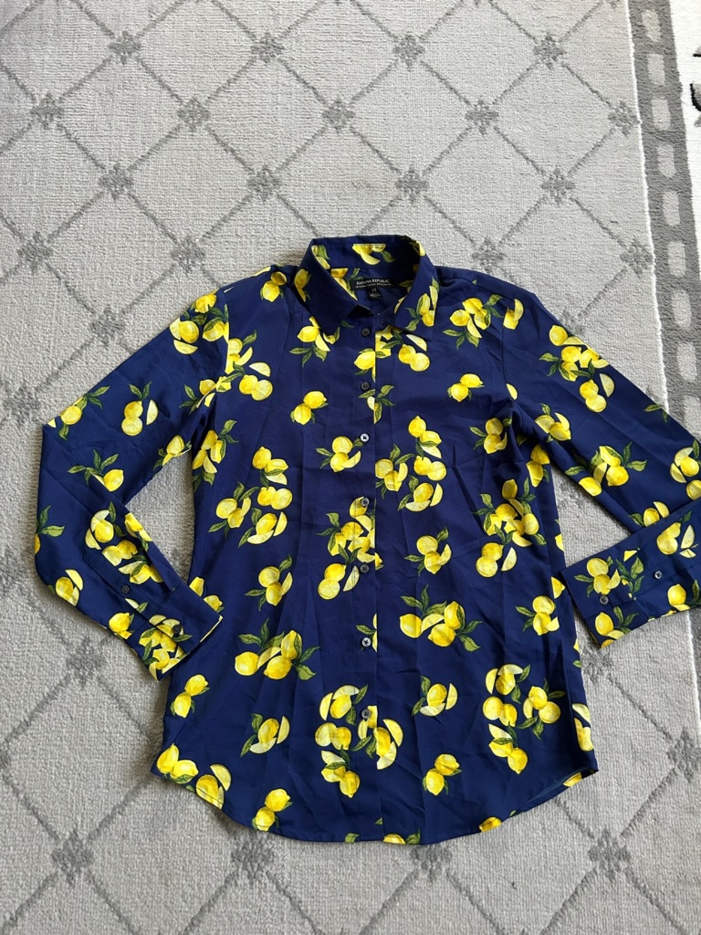 Navy Blue Men’s Button-Up Shirt with Yellow Lemon Print